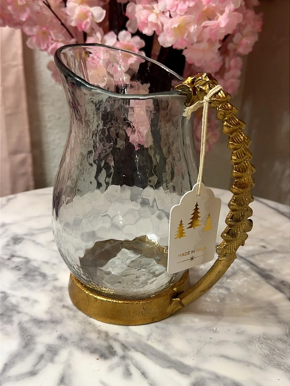 Hammered Glass Pitcher with Decorative Gold Handle